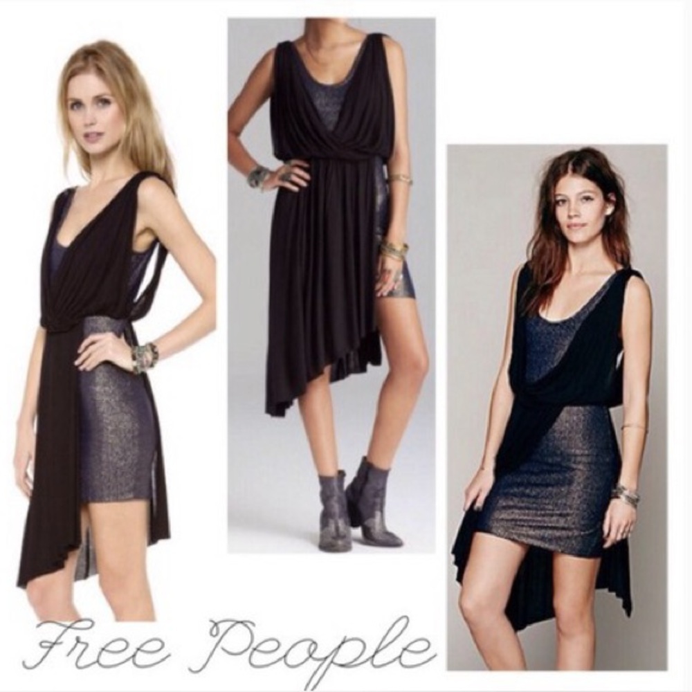 Free People Eleanor Blue and Black Asymmetrical Draped Mini Dress - XS - Picture 1 of 14